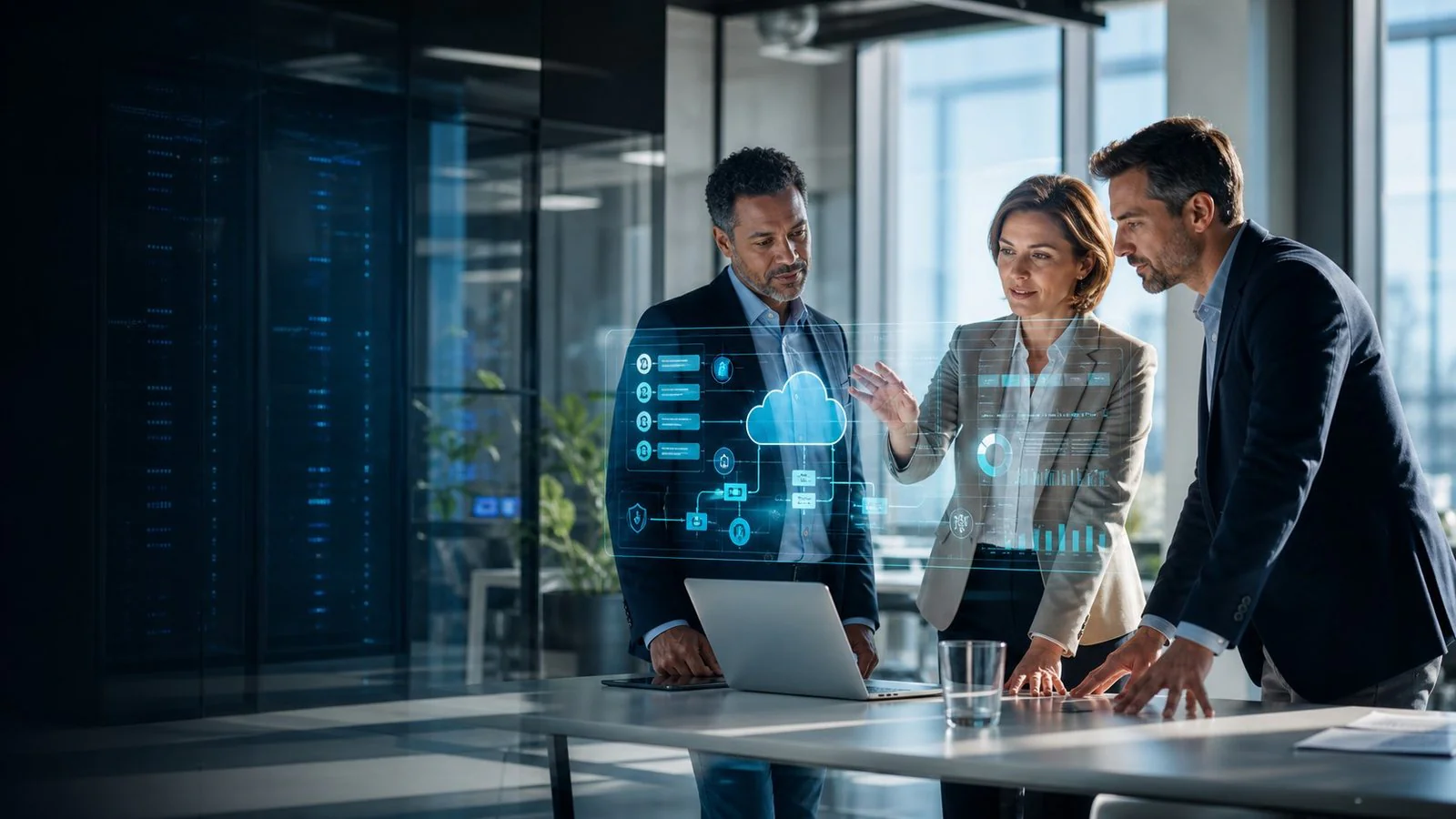 Business professionals collaborating with AI