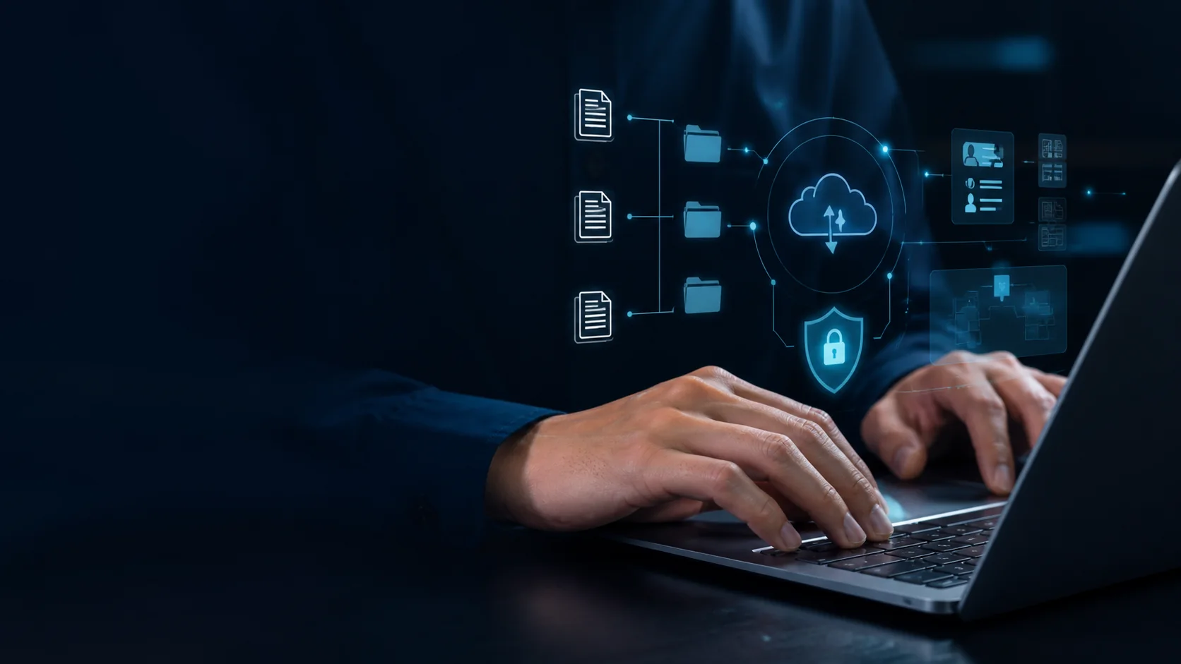 Cybersecurity en veilige cloudwerkplek op een moderne laptop